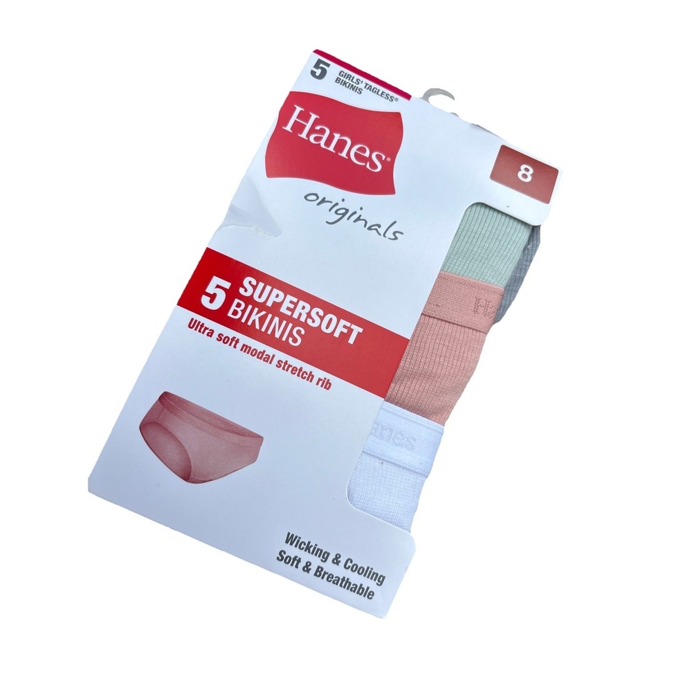 Hanes Originals Girls' 8 SuperSoft Bikinis Underwear, 5-Pack Modal Stretch Rib